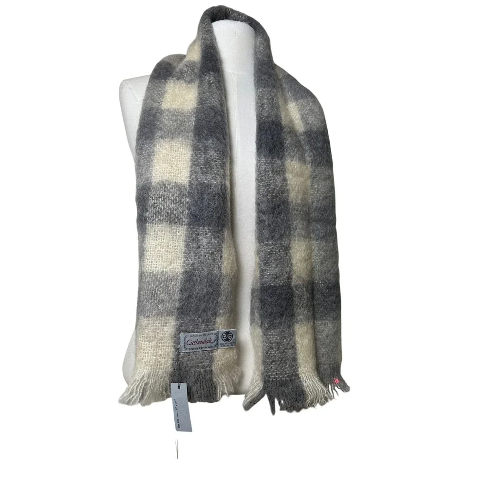 Cushendale Ireland Mohair Wool Blend Scarf Grey Cream Buffalo Check‎ Plaid NWT